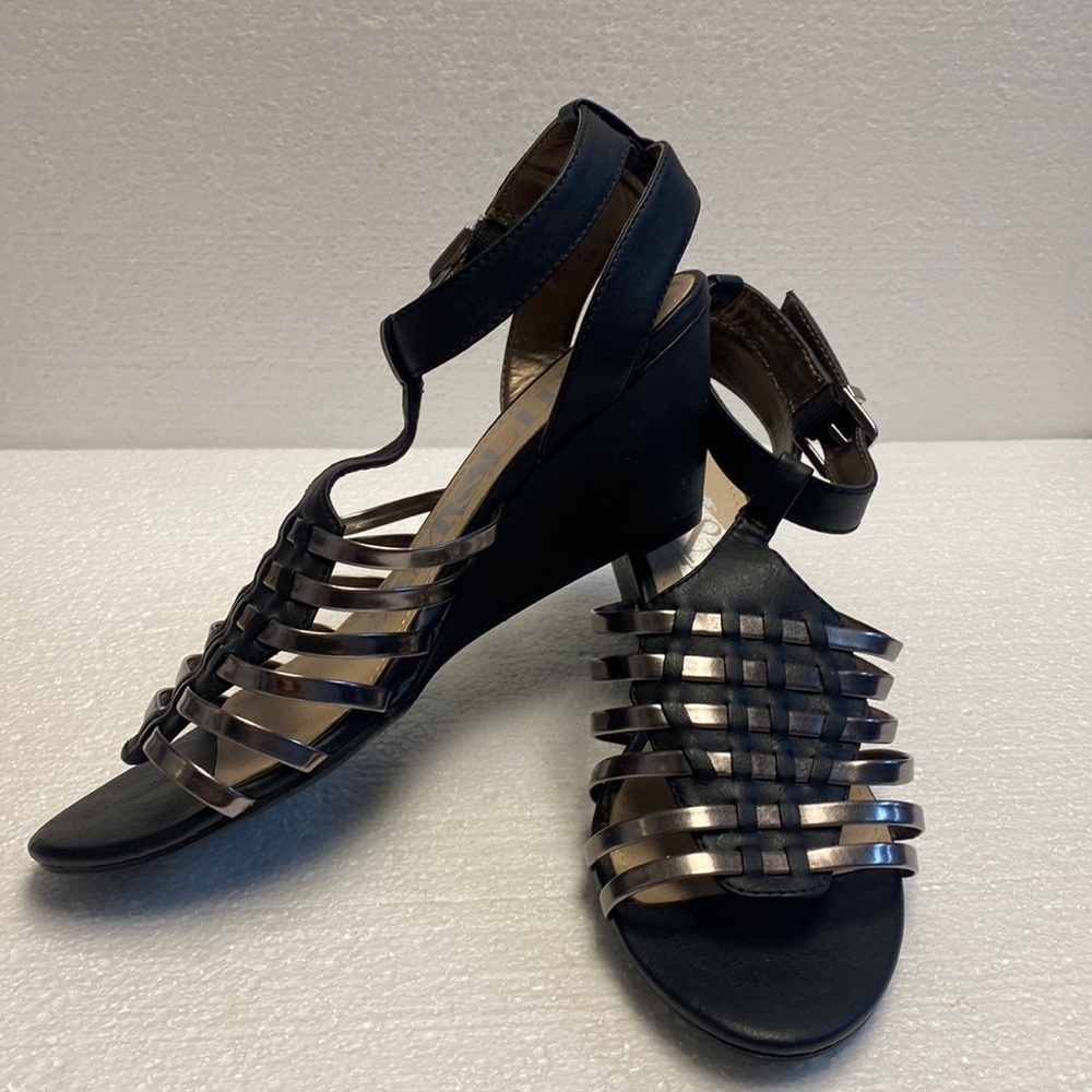 Sam & Libby Black Wedge Sandals with Metallic Straps